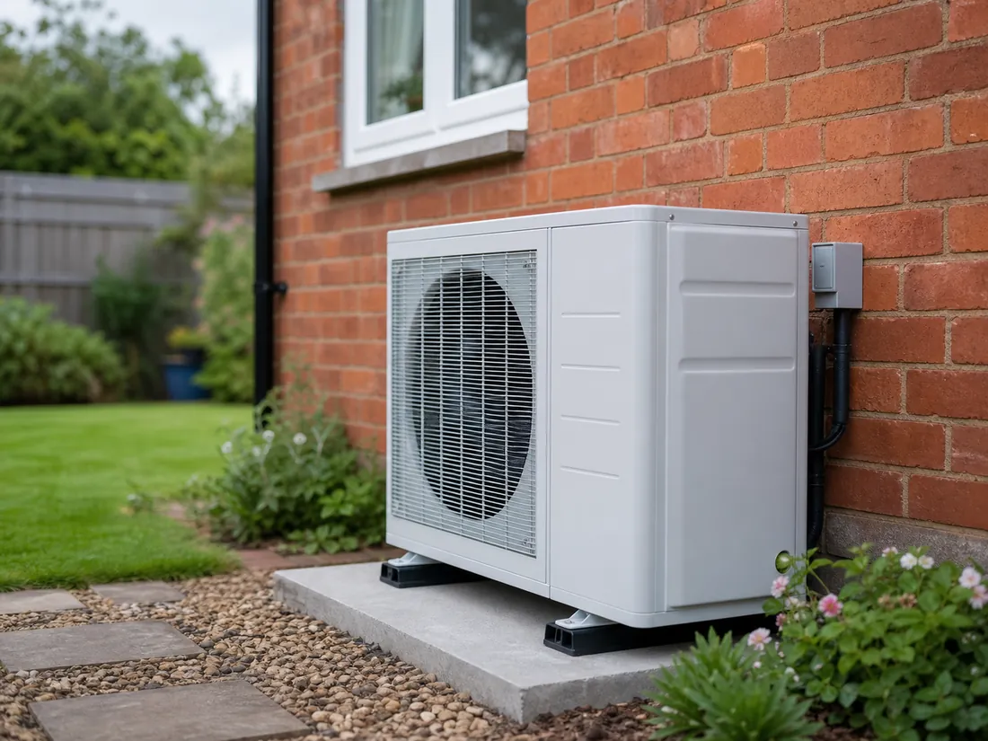 Air source heat pump installed beside a brick house