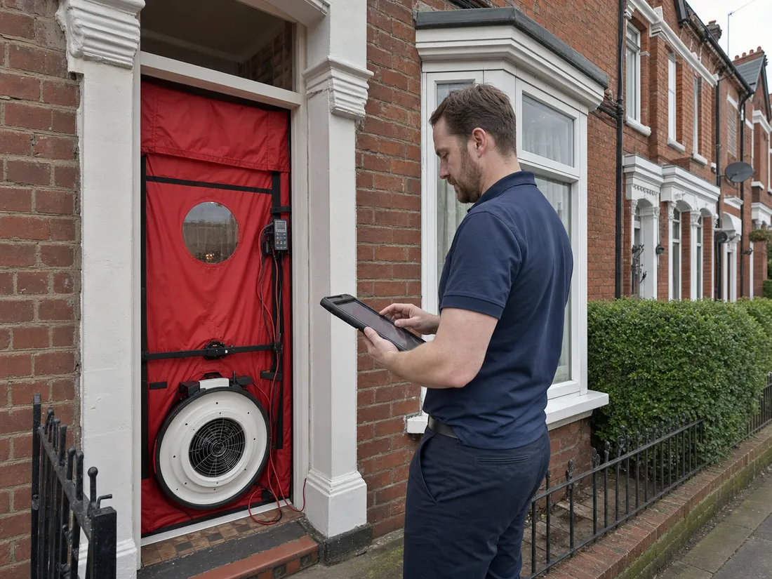Energy surveyor running a blower-door air tightness test in a doorway